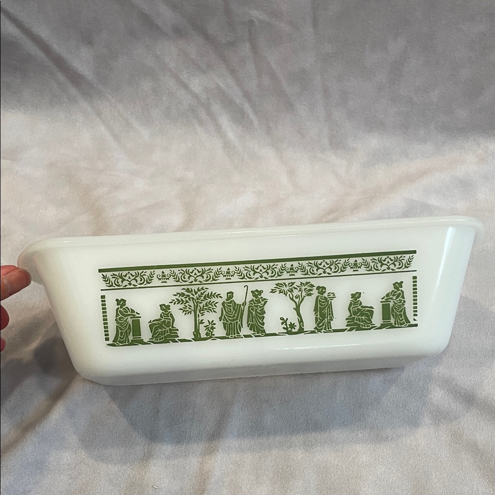 Glassbake Grecian Vintage Green and White Decorative Breadpan